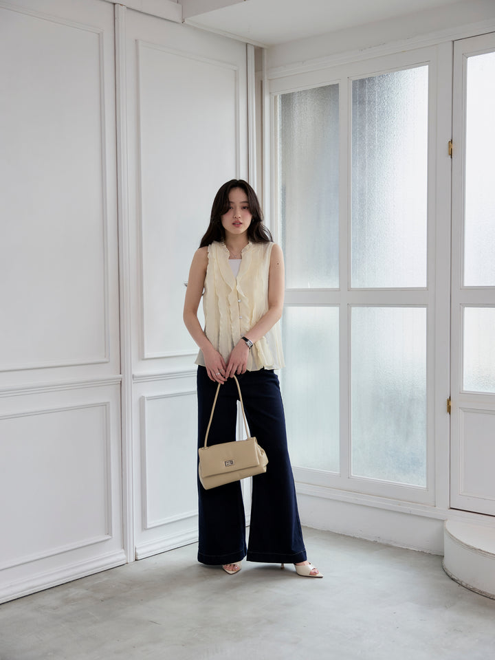 【SET】シアーフリルノースリーブブラウス+コットンフレアデニム(2set)