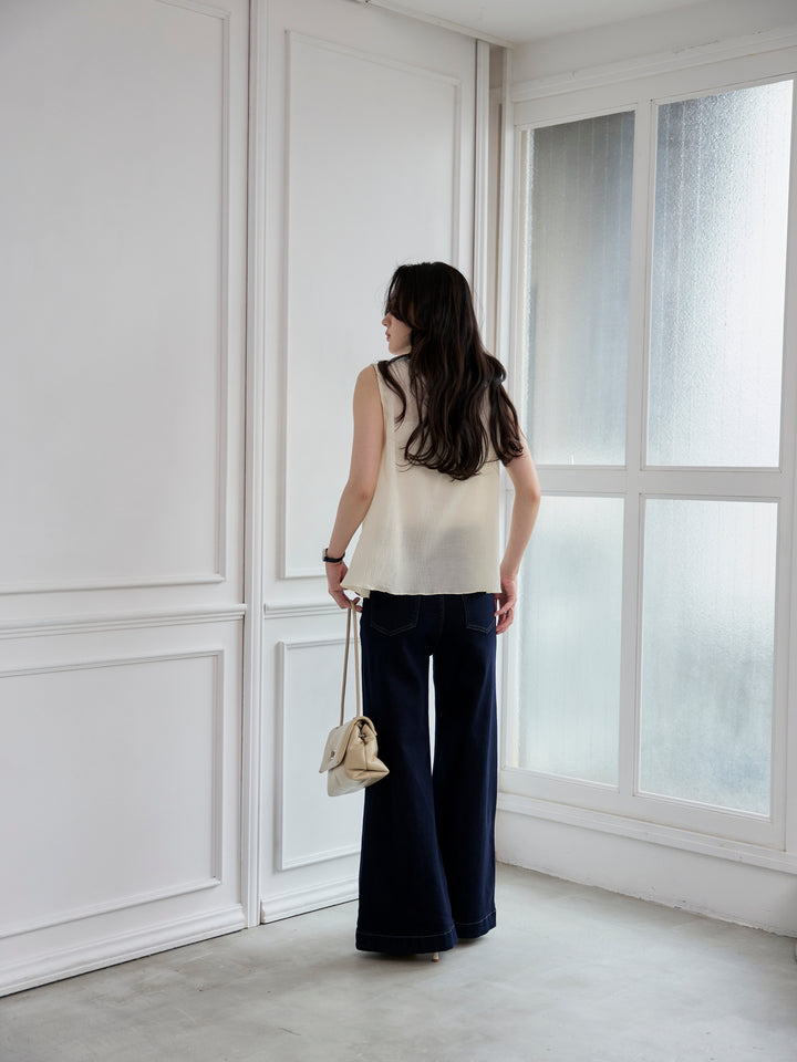 【SET】シアーフリルノースリーブブラウス+コットンフレアデニム(2set)