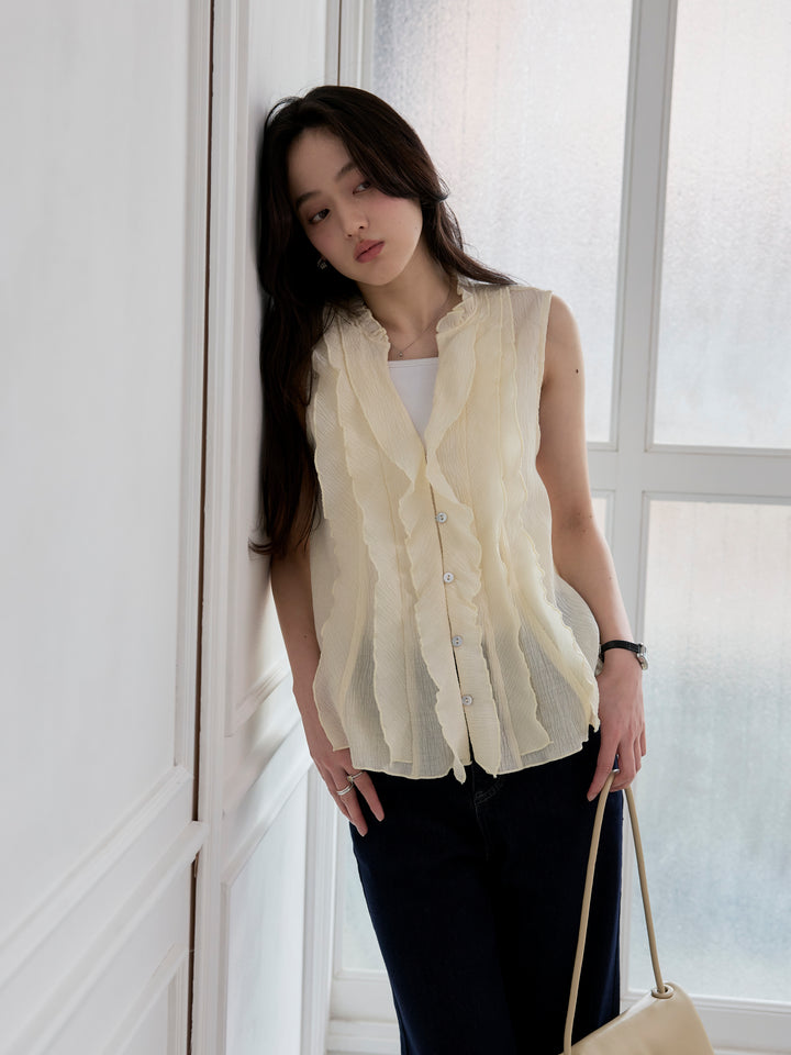 【SET】シアーフリルノースリーブブラウス+コットンフレアデニム(2set)