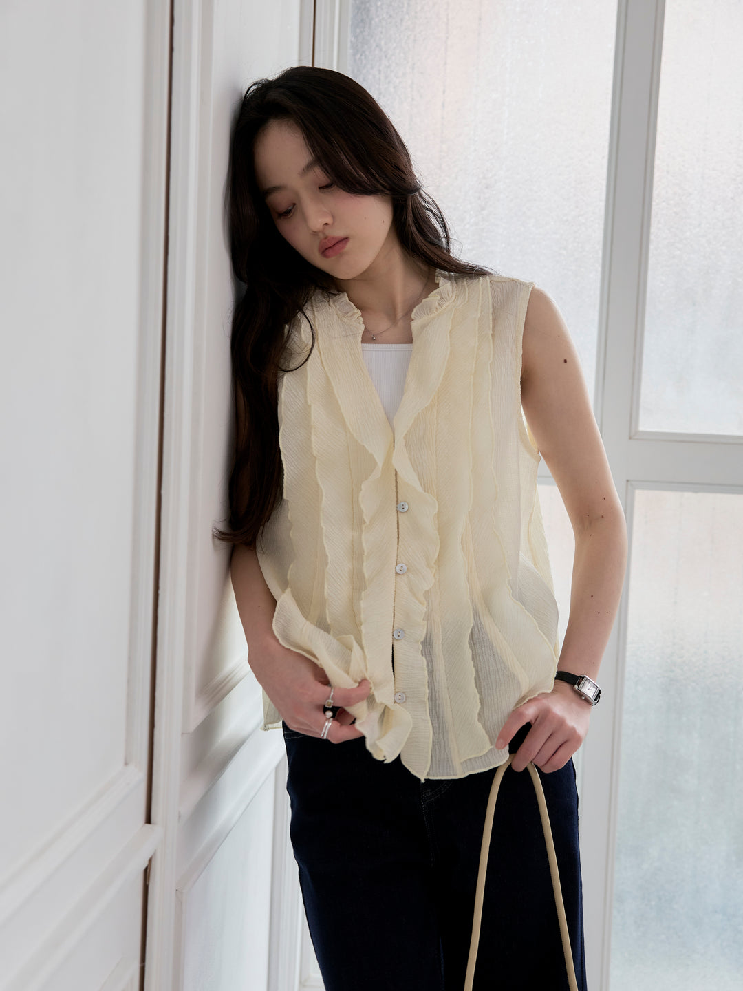 【SET】シアーフリルノースリーブブラウス+コットンフレアデニム(2set)