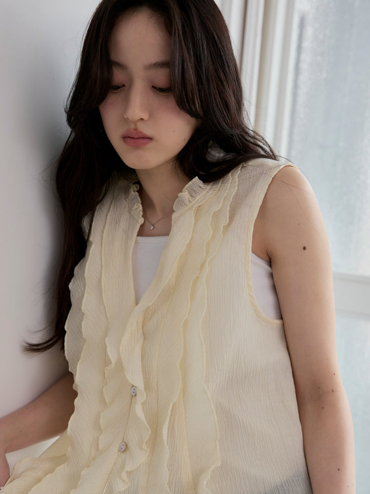 【SET】シアーフリルノースリーブブラウス+コットンフレアデニム(2set)