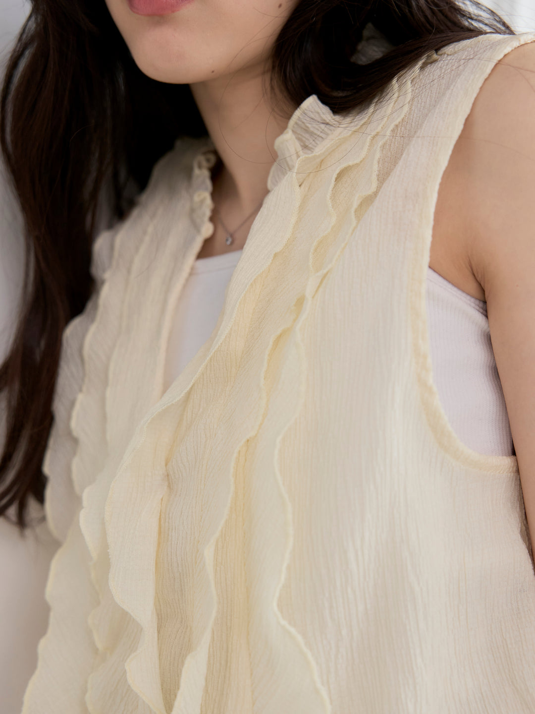 【SET】シアーフリルノースリーブブラウス+コットンフレアデニム(2set)