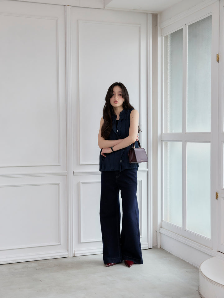 【SET】シアーフリルノースリーブブラウス+コットンフレアデニム(2set)