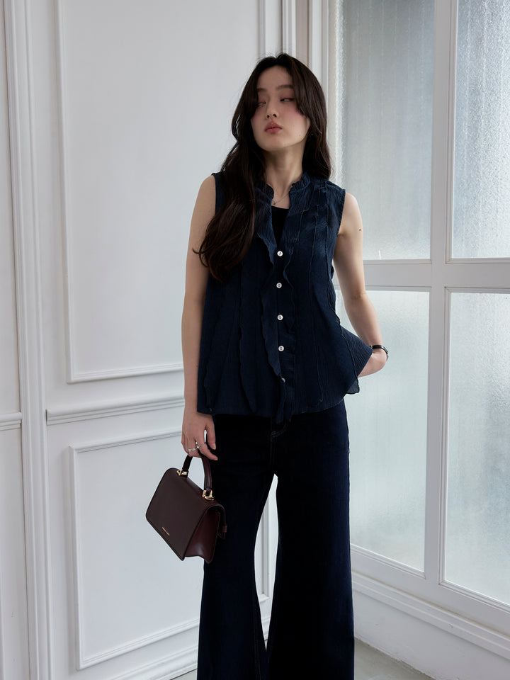 【SET】シアーフリルノースリーブブラウス+コットンフレアデニム(2set)