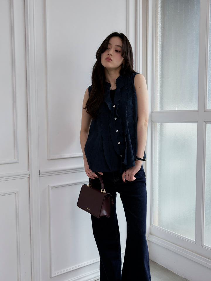 【SET】シアーフリルノースリーブブラウス+コットンフレアデニム(2set)