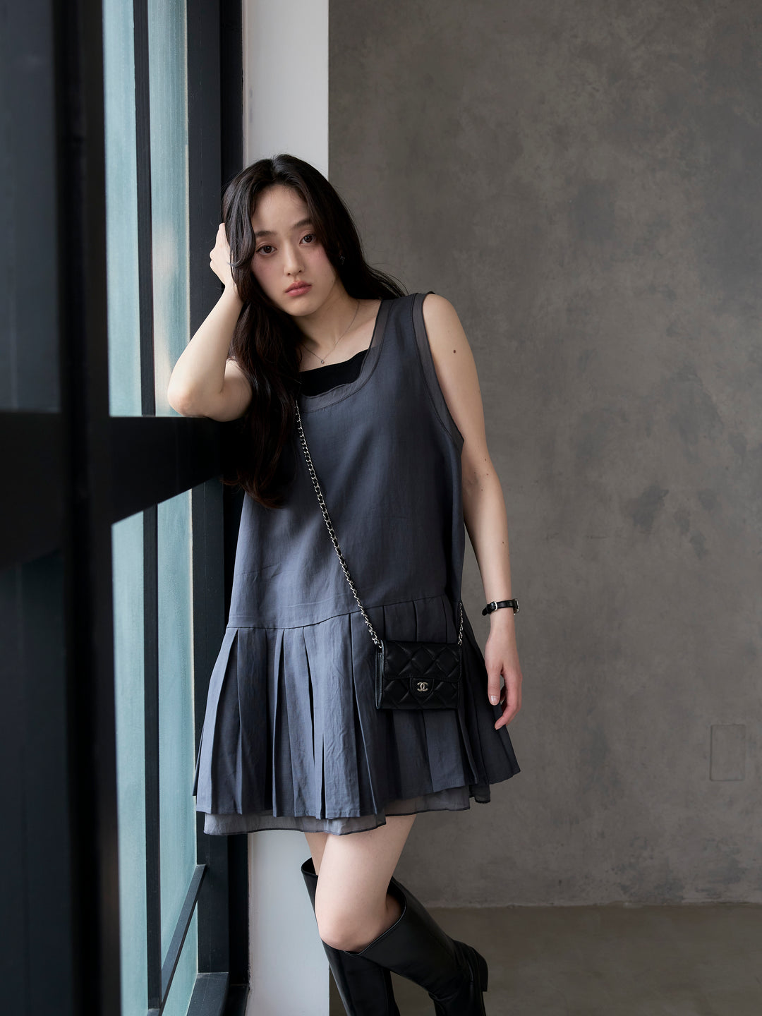 シアーレイヤードプリーツミニワンピース