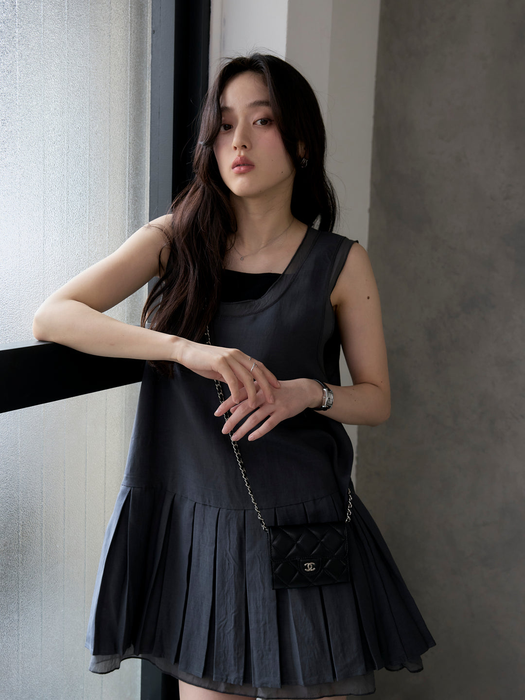 シアーレイヤードプリーツミニワンピース