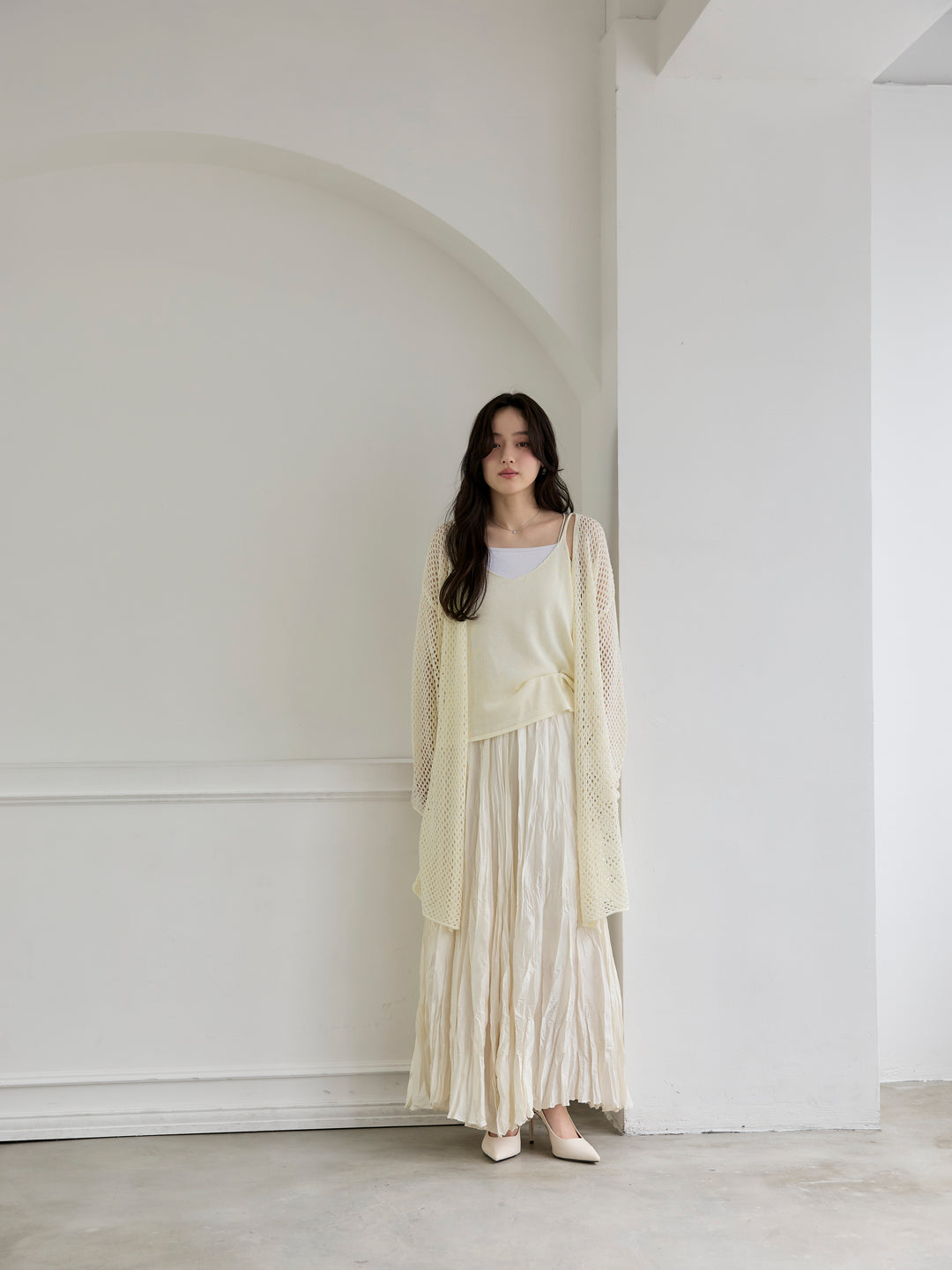 リネンタッチ透かし編みカーディガン&キャミソールSET