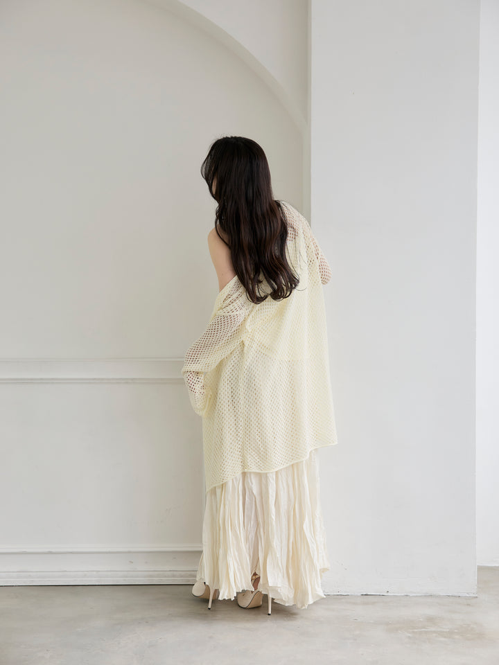 【SET】リネンタッチ透かし編みカーディガン&キャミソールSET+カットリブカップ付きバッククロスキャミソール(2set)