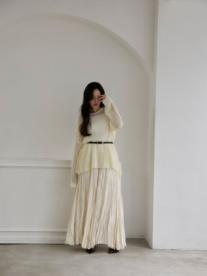 【SET】リネンタッチメッシュルーズトップス+カットリブカップ付きバッククロスキャミソール(2set)