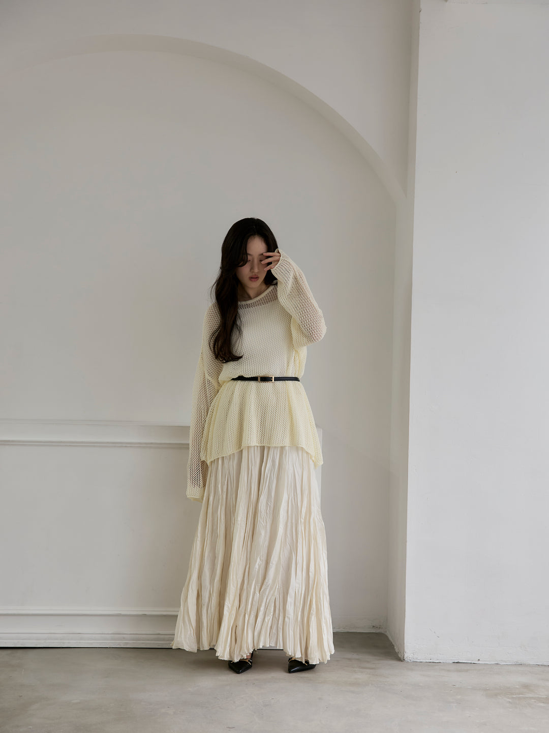 【SET】リネンタッチメッシュルーズトップス+グロッシーワッシャープリーツスカート(2set)