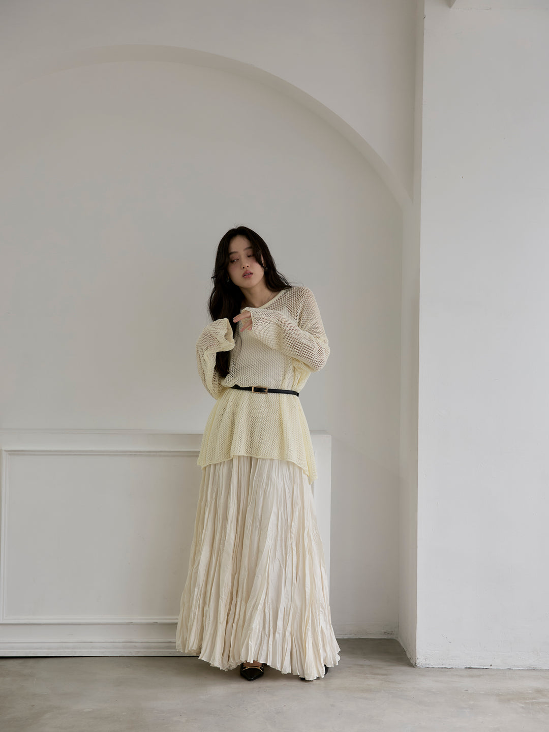 リネンタッチメッシュルーズトップス