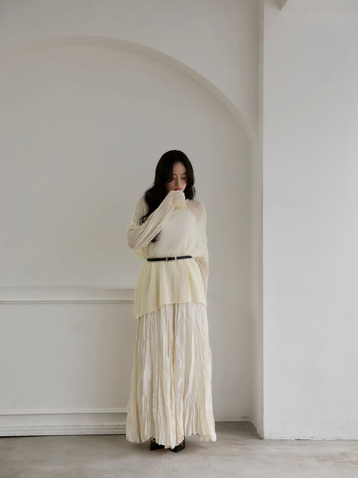 【SET】リネンタッチメッシュルーズトップス+グロッシーワッシャープリーツスカート(2set)