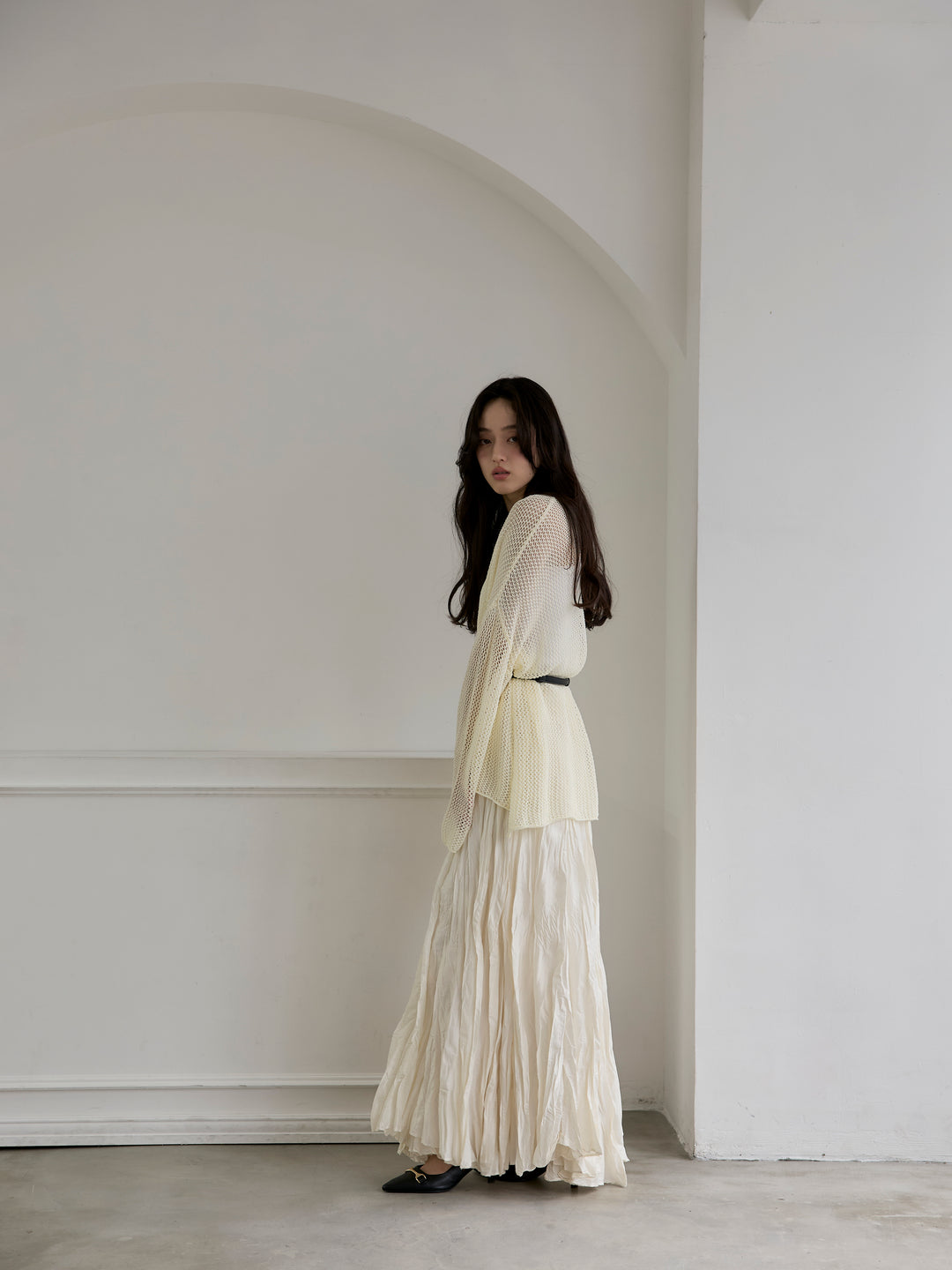 リネンタッチメッシュルーズトップス