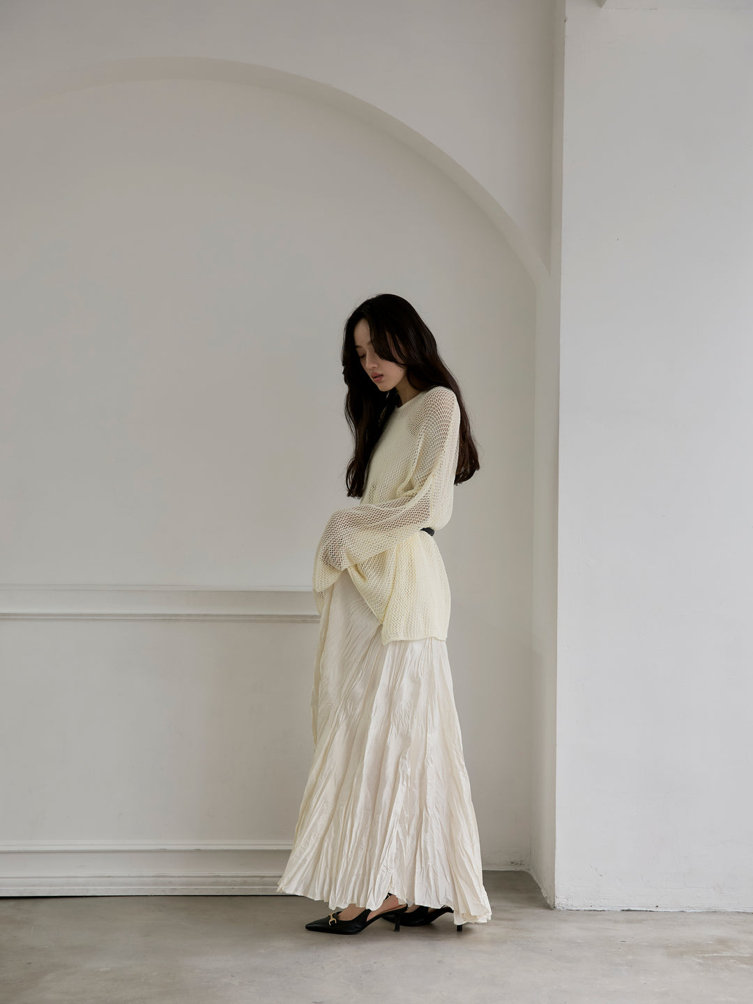 リネンタッチメッシュルーズトップス