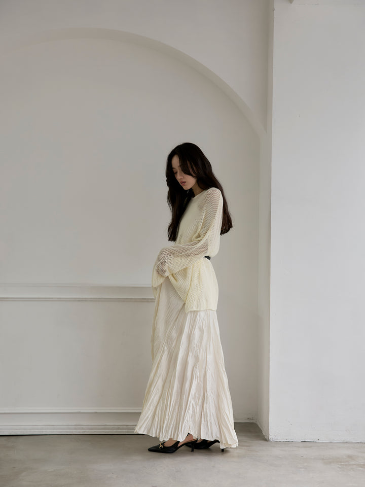 【SET】リネンタッチメッシュルーズトップス+グロッシーワッシャープリーツスカート(2set)