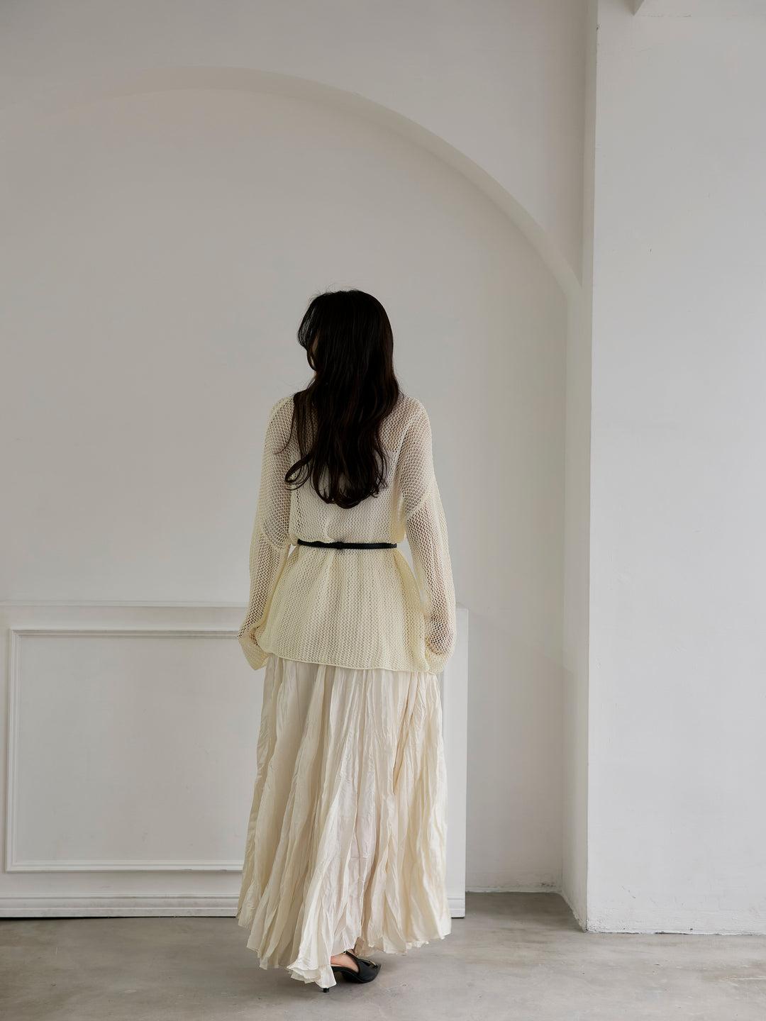 【SET】リネンタッチメッシュルーズトップス+グロッシーワッシャープリーツスカート(2set)