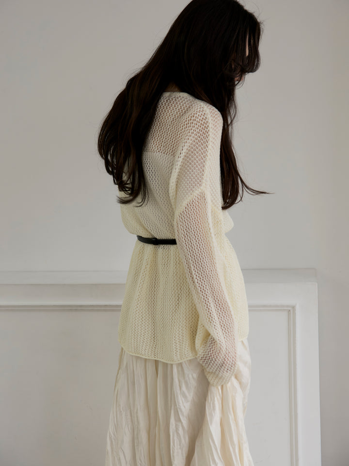 【SET】リネンタッチメッシュルーズトップス+カットリブカップ付きバッククロスキャミソール(2set)