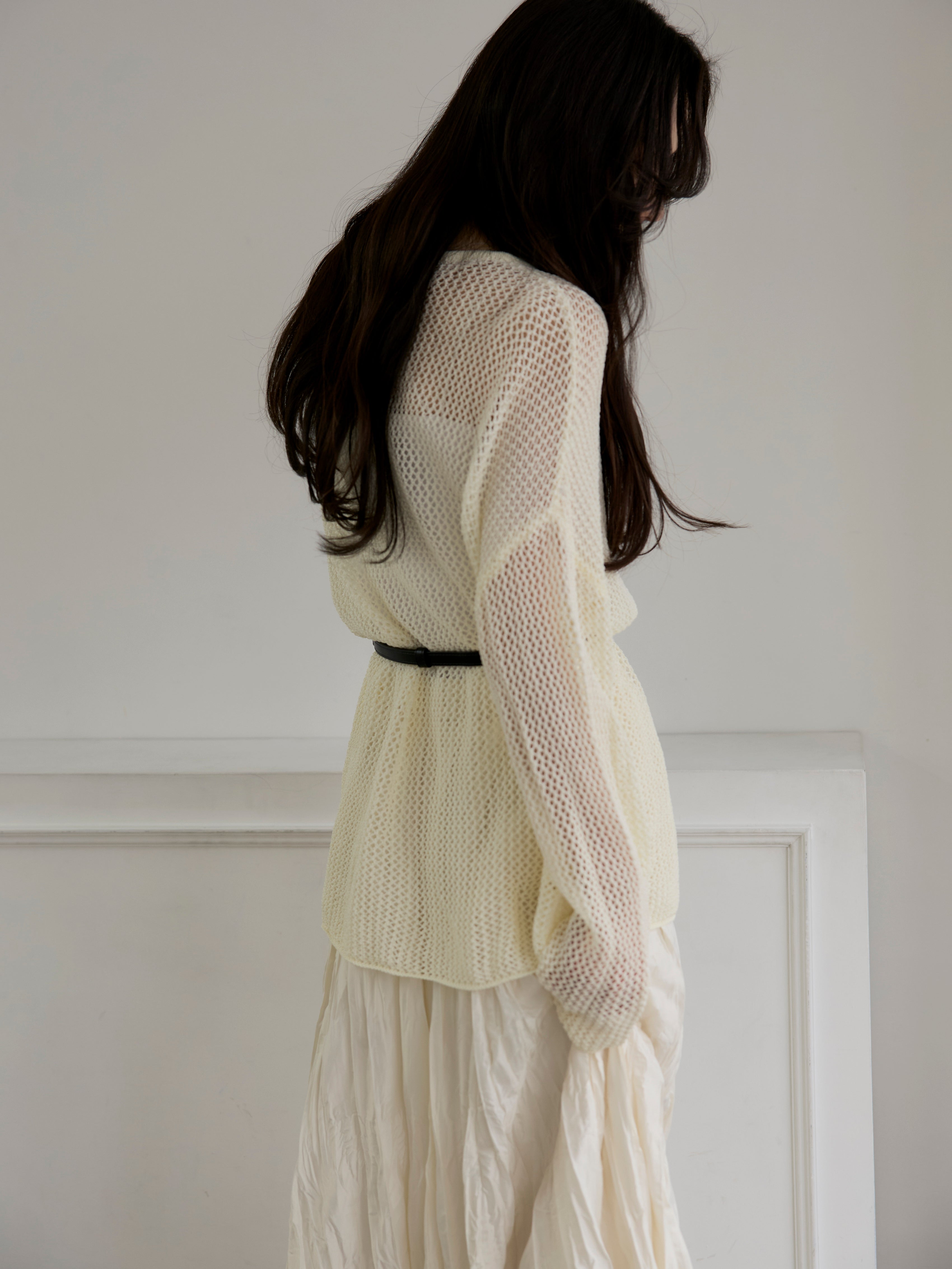 SET】リネンタッチメッシュルーズトップス+グロッシーワッシャー