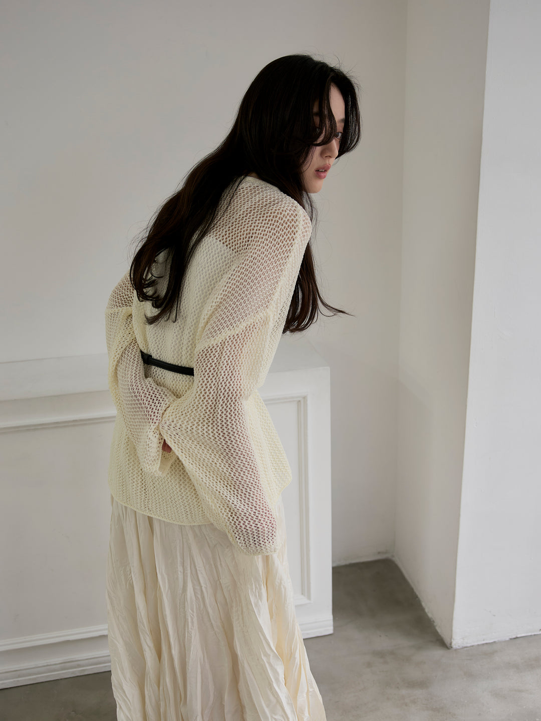 リネンタッチメッシュルーズトップス