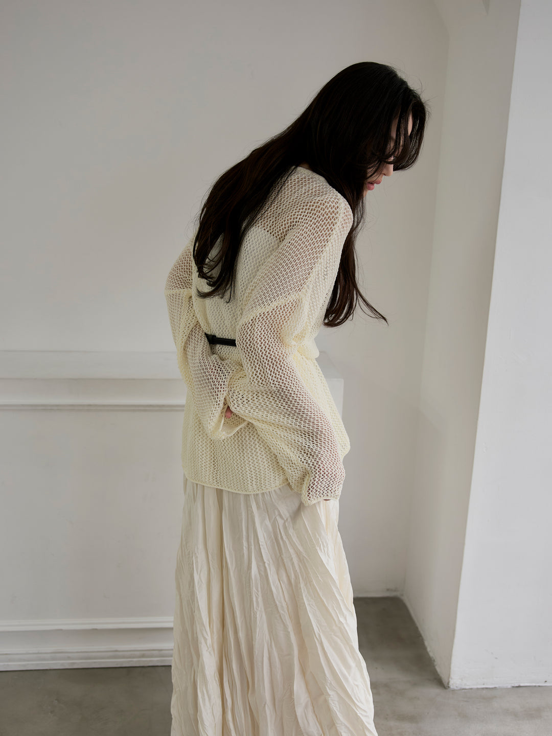 リネンタッチメッシュルーズトップス