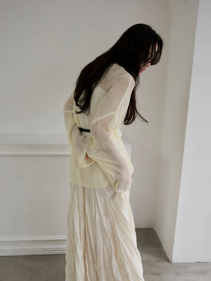 【SET】リネンタッチメッシュルーズトップス+グロッシーワッシャープリーツスカート(2set)