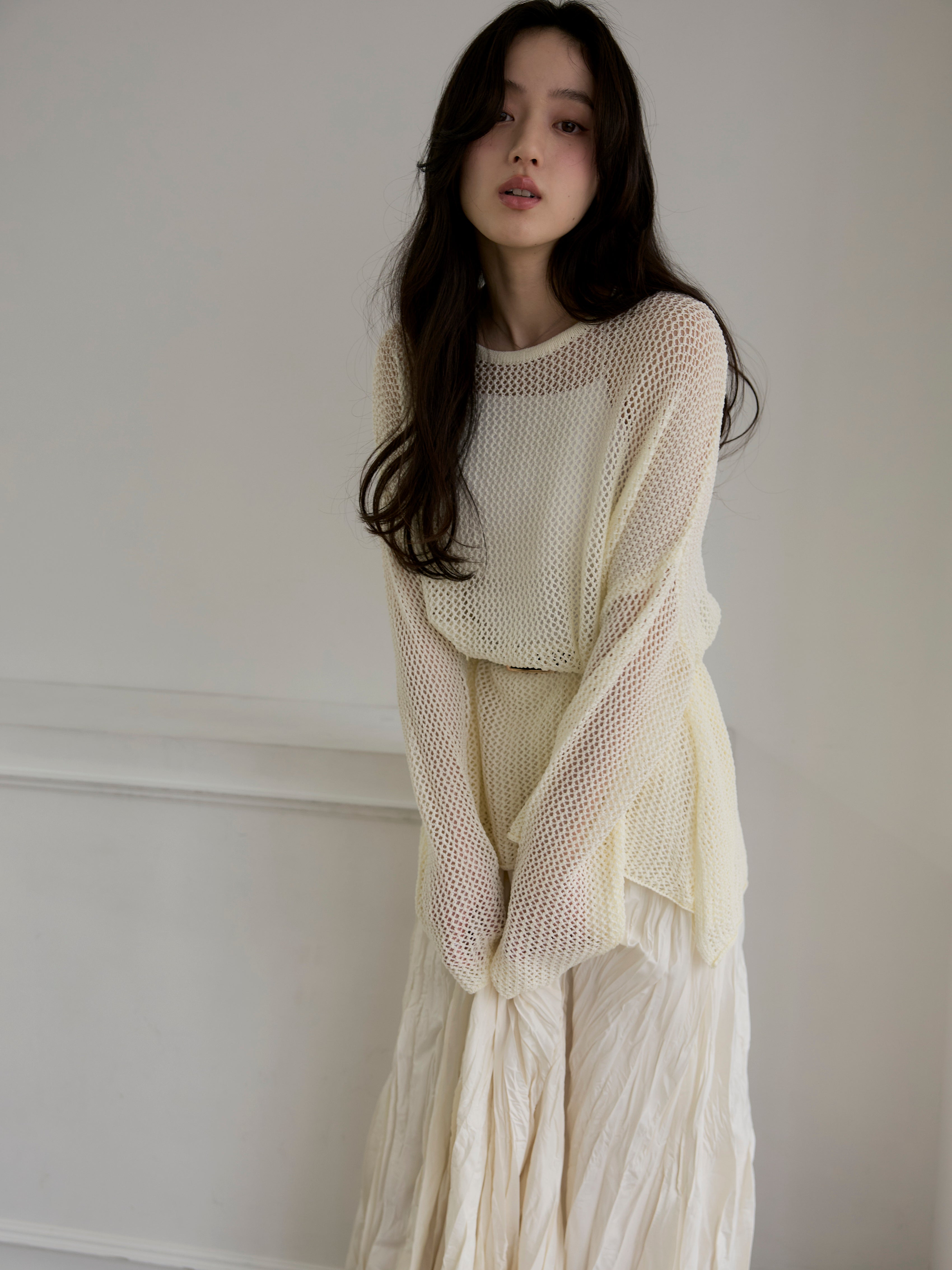 SET】リネンタッチメッシュルーズトップス+グロッシーワッシャー