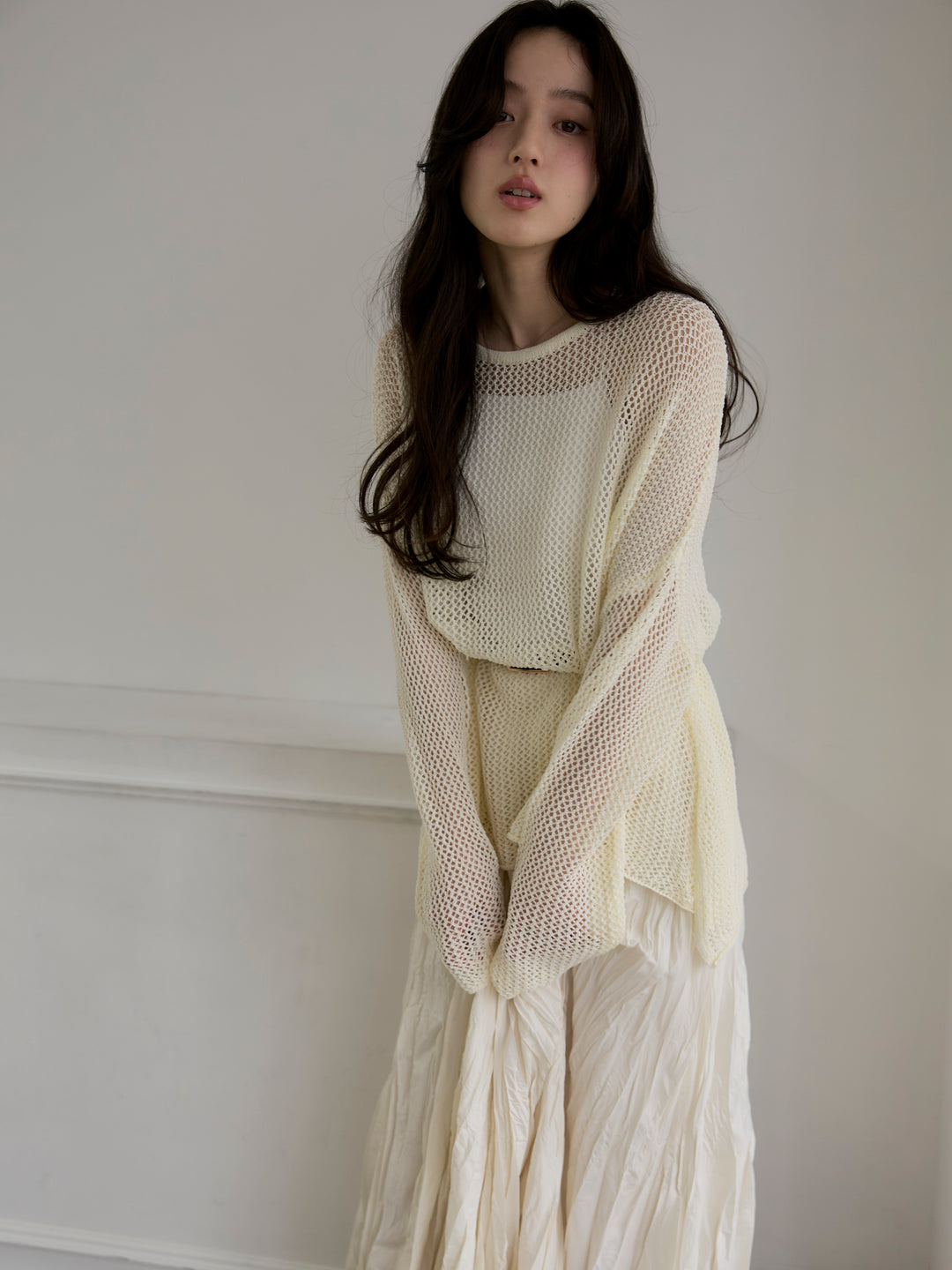 【SET】リネンタッチメッシュルーズトップス+グロッシーワッシャープリーツスカート(2set)