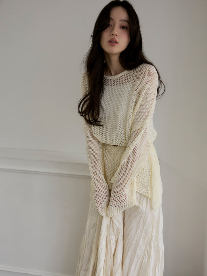 【SET】リネンタッチメッシュルーズトップス+グロッシーワッシャープリーツスカート(2set)