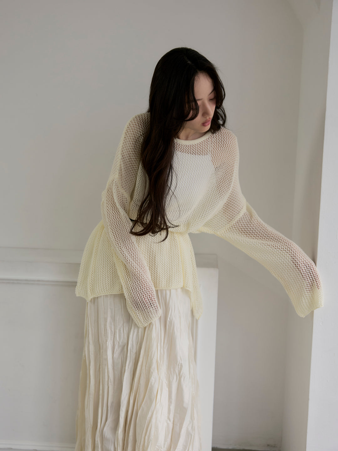 リネンタッチメッシュルーズトップス