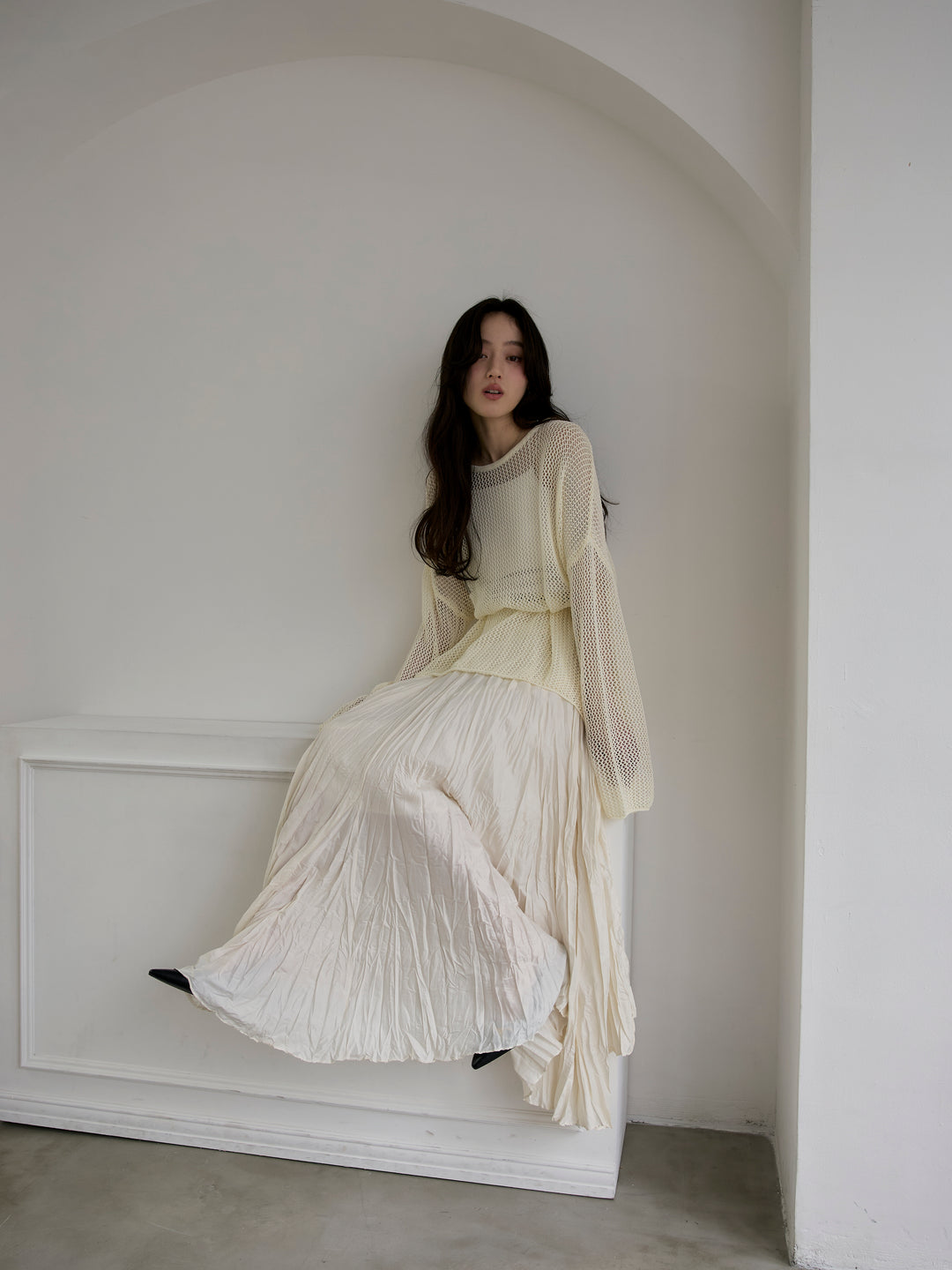 リネンタッチメッシュルーズトップス