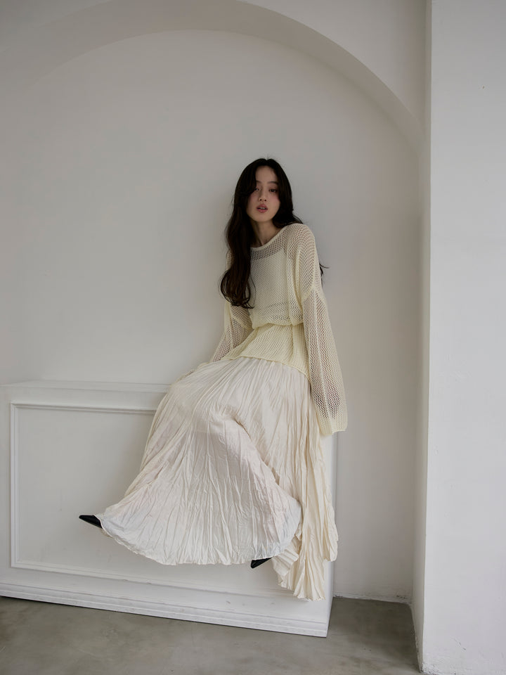 【SET】リネンタッチメッシュルーズトップス+グロッシーワッシャープリーツスカート(2set)