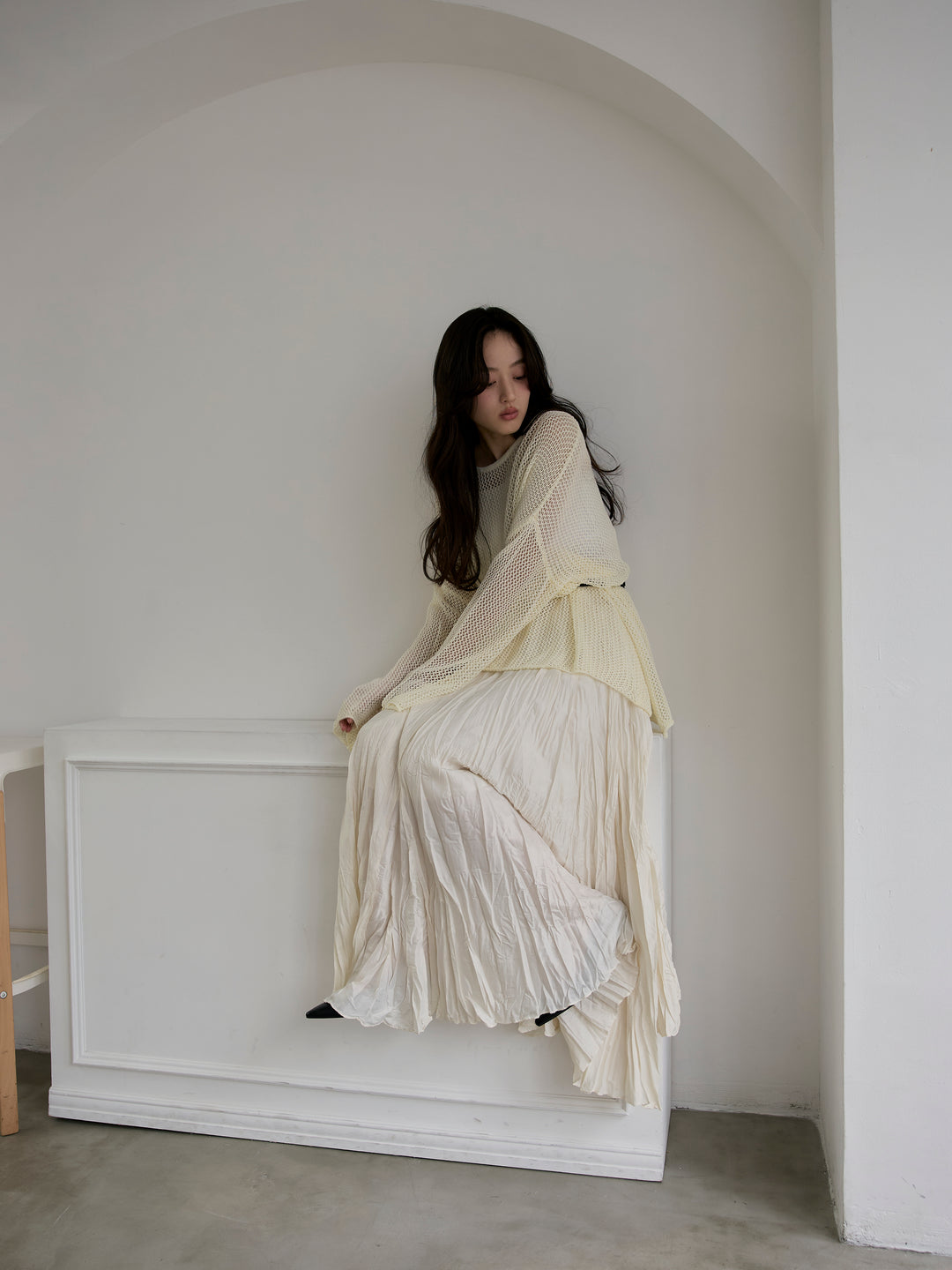 リネンタッチメッシュルーズトップス