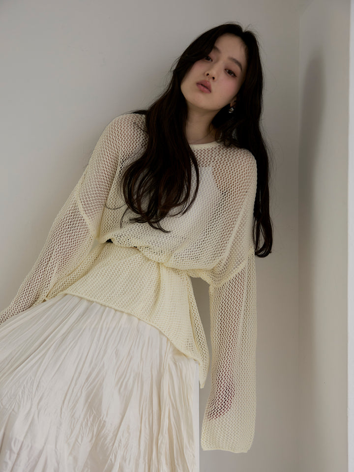 【SET】リネンタッチメッシュルーズトップス+グロッシーワッシャープリーツスカート(2set)