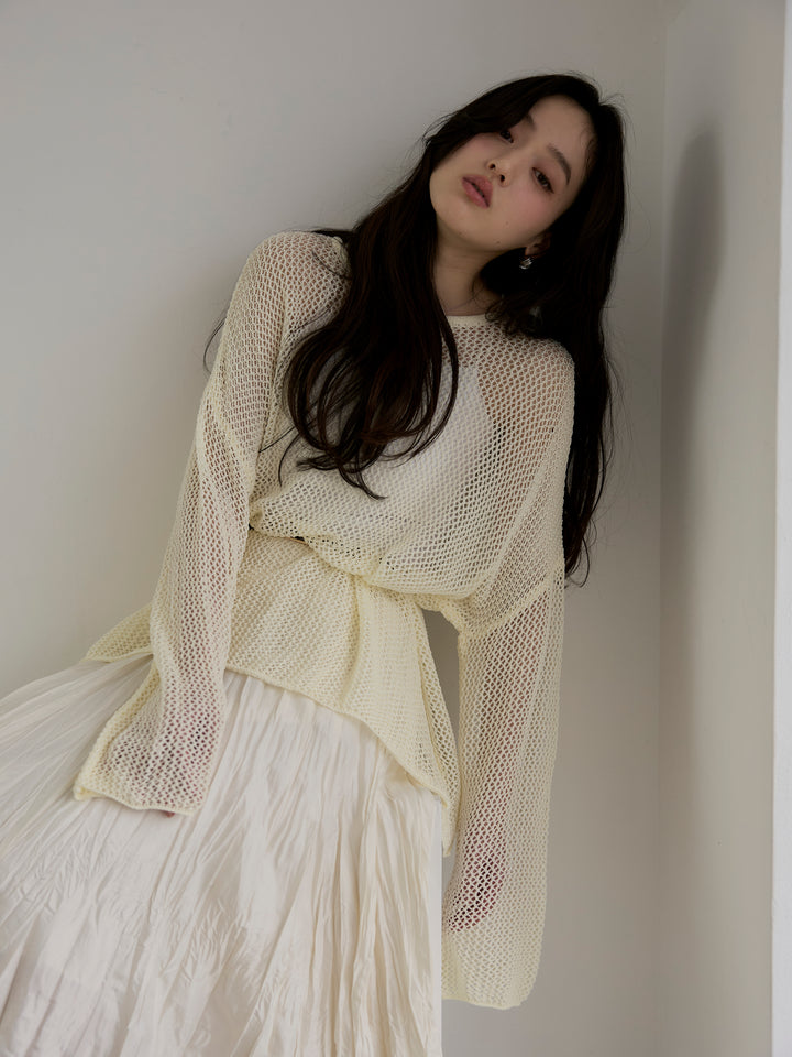 リネンタッチメッシュルーズトップス