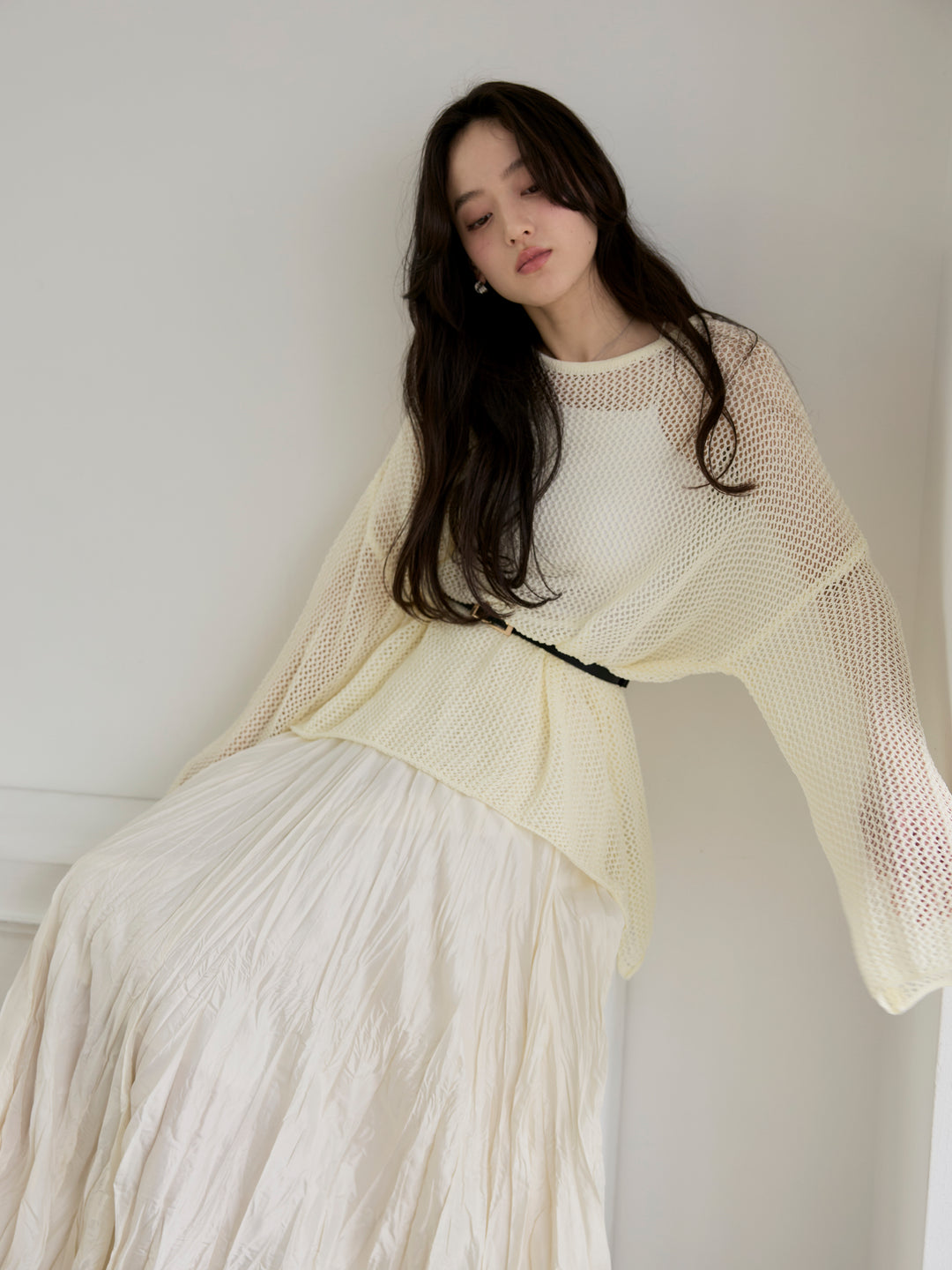 【SET】リネンタッチメッシュルーズトップス+カットリブカップ付きバッククロスキャミソール(2set)