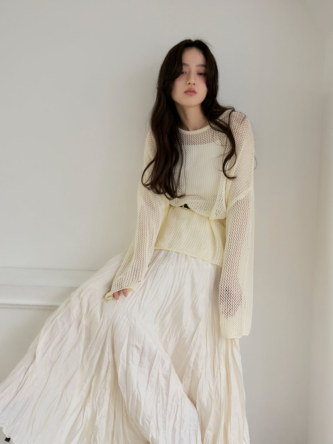 【SET】リネンタッチメッシュルーズトップス+カットリブカップ付きバッククロスキャミソール(2set)