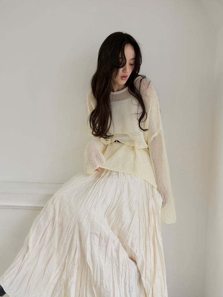 【SET】リネンタッチメッシュルーズトップス+グロッシーワッシャープリーツスカート(2set)