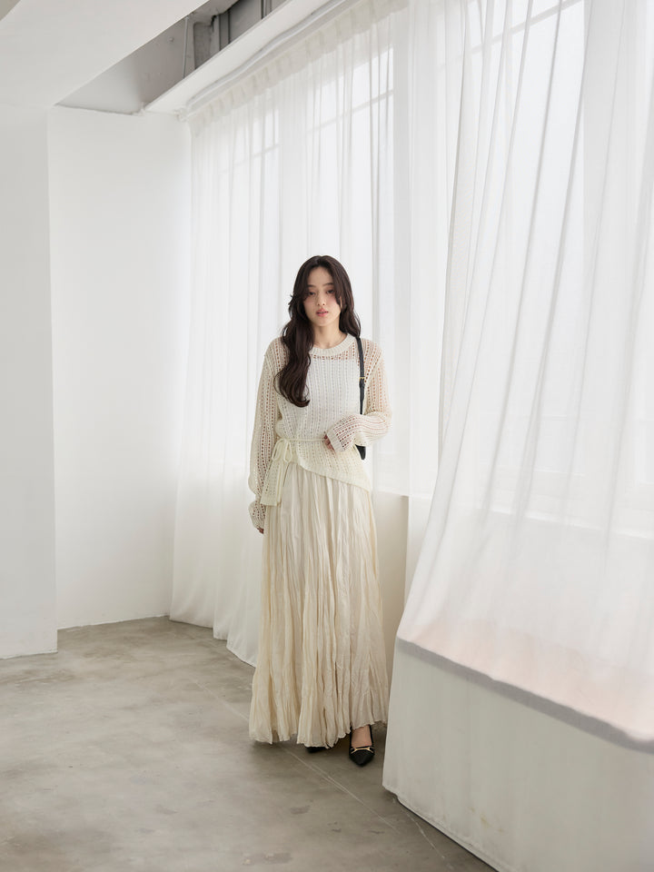 【SET】リネンタッチデザイン編みタイ付きルーズトップス+グロッシーワッシャープリーツスカート(2set)