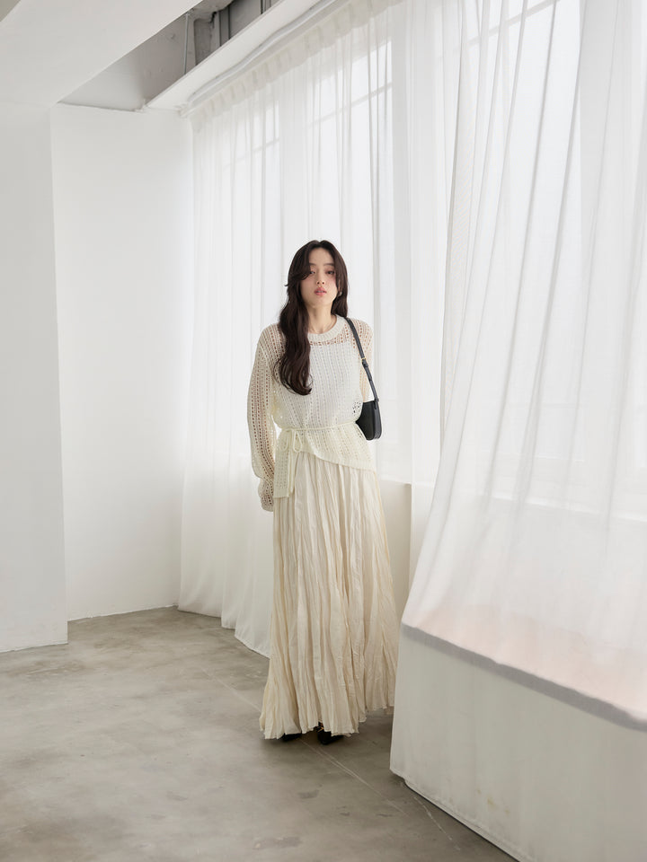 リネンタッチデザイン編みタイ付きルーズトップス