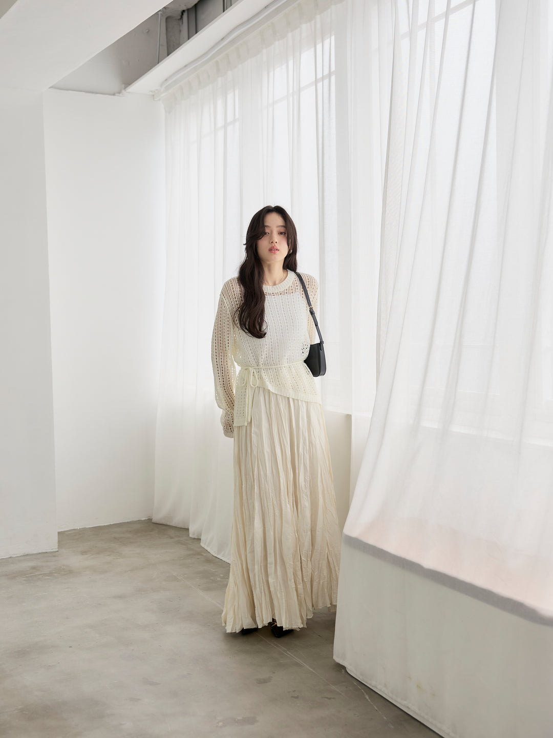 【SET】リネンタッチデザイン編みタイ付きルーズトップス+グロッシーワッシャープリーツスカート(2set)