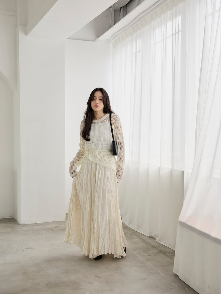 【SET】リネンタッチデザイン編みタイ付きルーズトップス+グロッシーワッシャープリーツスカート(2set)