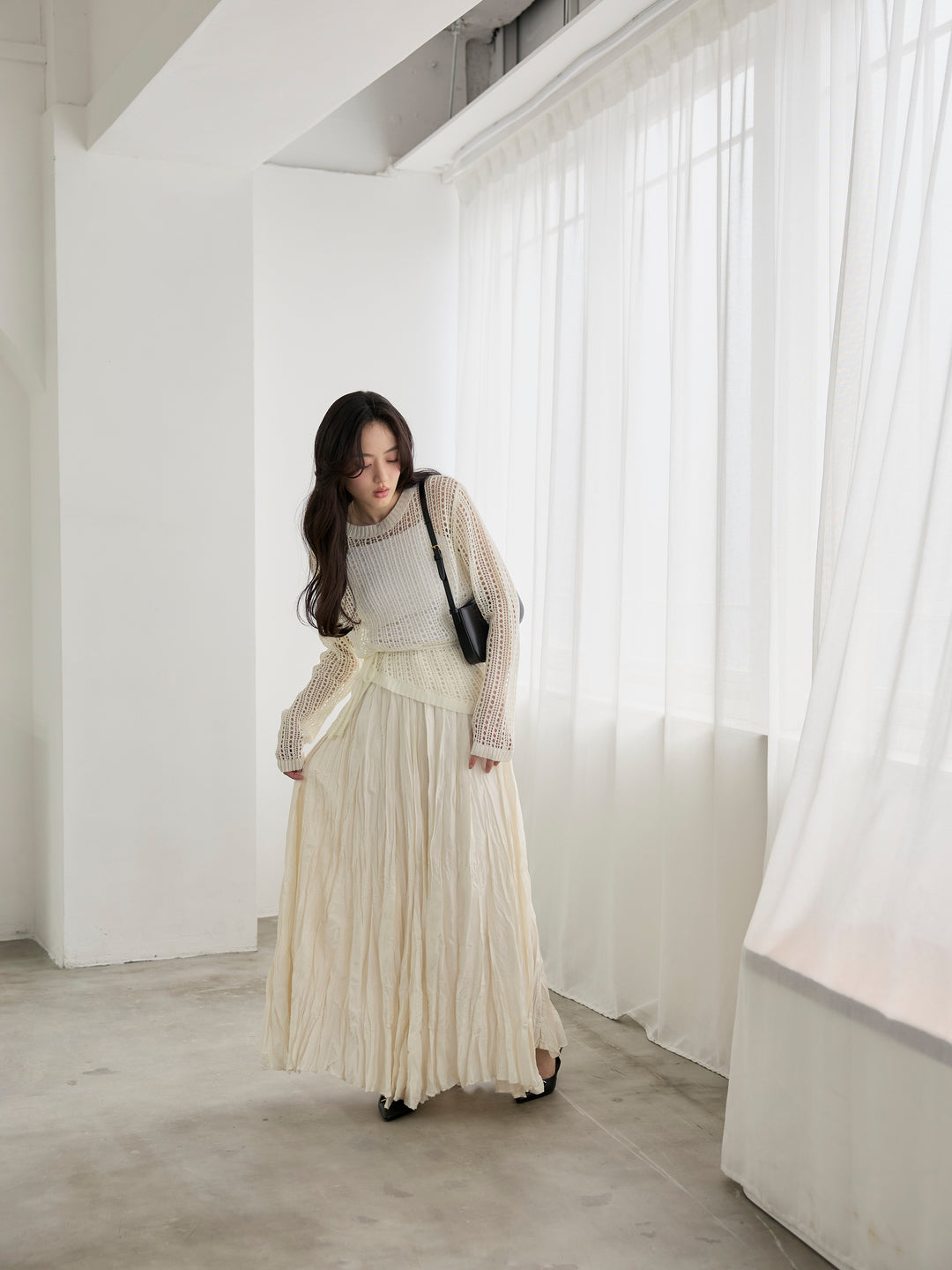 リネンタッチデザイン編みタイ付きルーズトップス