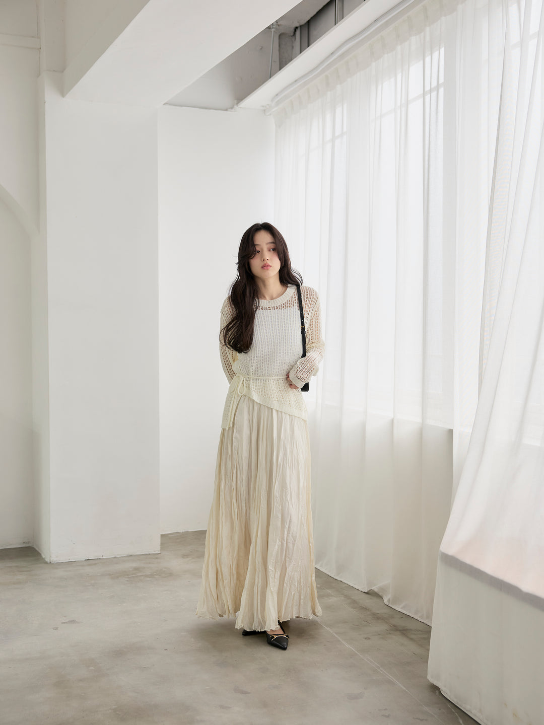 リネンタッチデザイン編みタイ付きルーズトップス