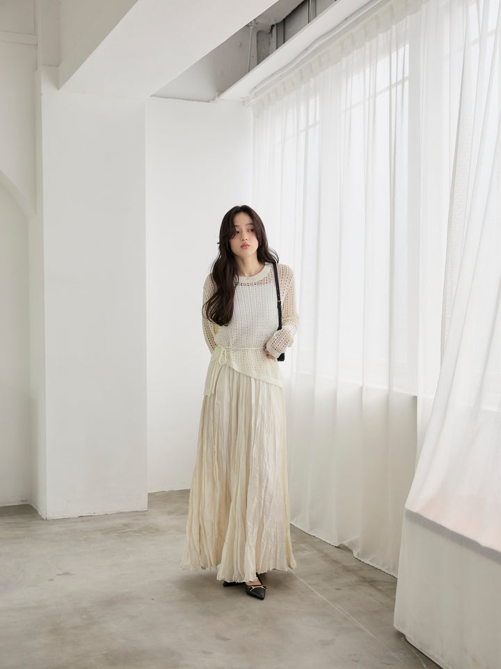 【SET】リネンタッチデザイン編みタイ付きルーズトップス+カットリブカップ付きバッククロスキャミソール(2set)