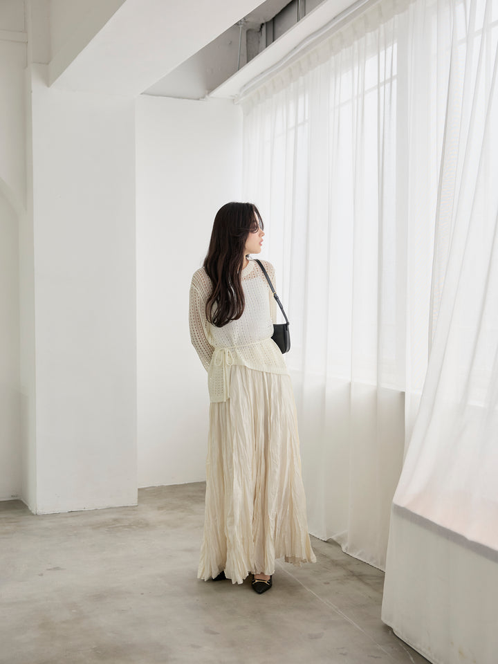 【SET】リネンタッチデザイン編みタイ付きルーズトップス+カットリブカップ付きバッククロスキャミソール(2set)