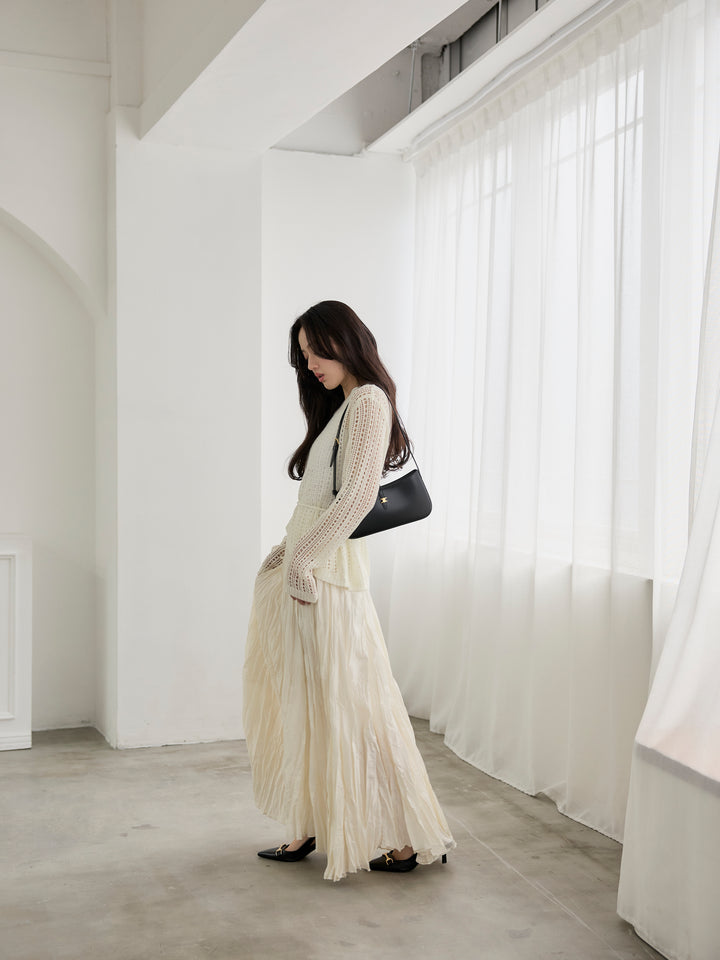 【SET】リネンタッチデザイン編みタイ付きルーズトップス+グロッシーワッシャープリーツスカート(2set)