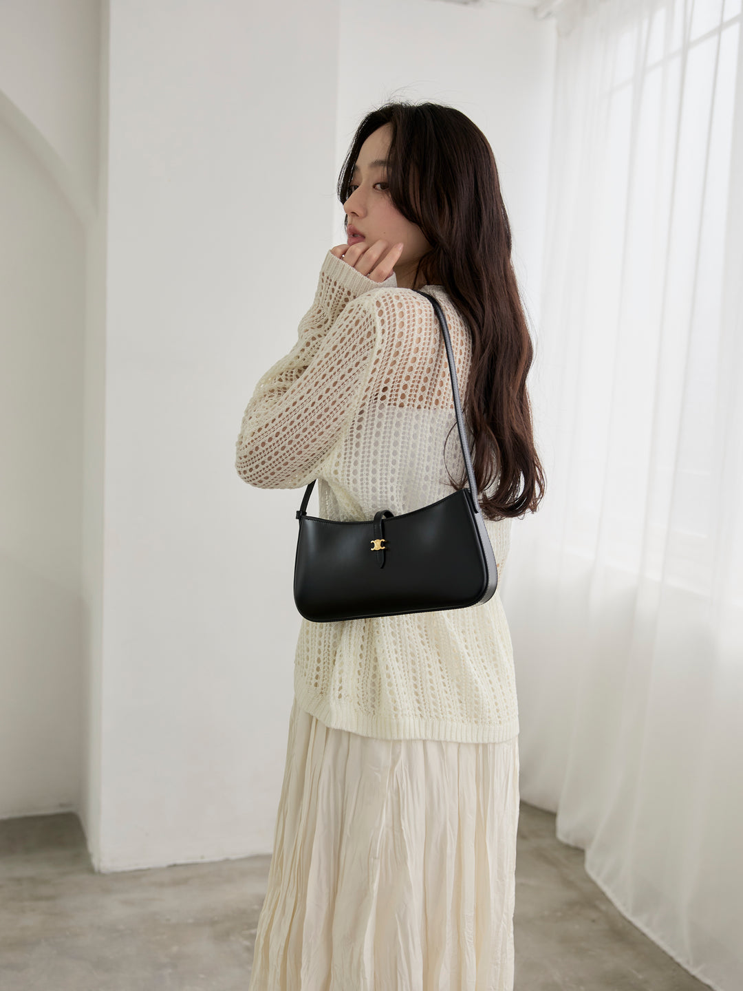 【SET】リネンタッチデザイン編みタイ付きルーズトップス+グロッシーワッシャープリーツスカート(2set)