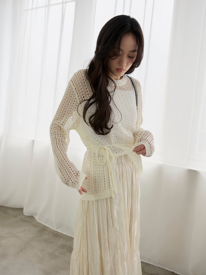 【SET】リネンタッチデザイン編みタイ付きルーズトップス+グロッシーワッシャープリーツスカート(2set)