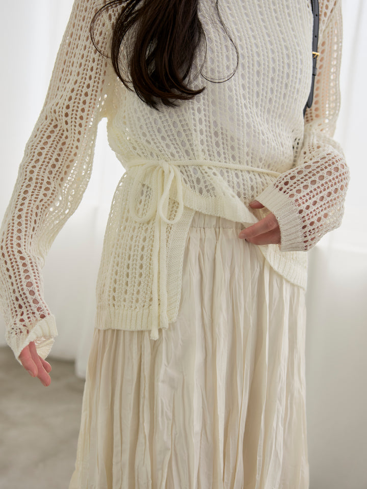 【SET】リネンタッチデザイン編みタイ付きルーズトップス+グロッシーワッシャープリーツスカート(2set)